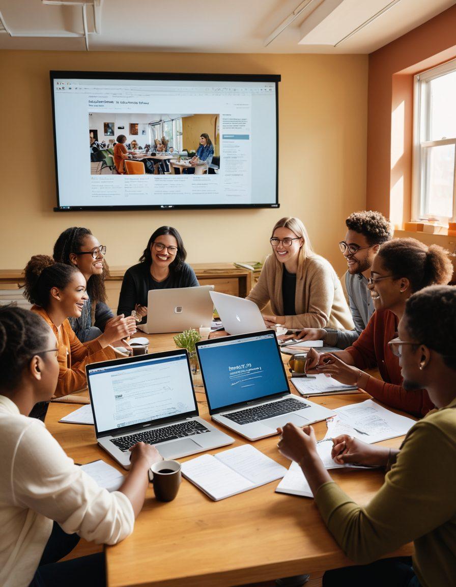 A diverse group of enthusiastic individuals gathered in a cozy, sunlit room, engaged in a collaborative brainstorming session around a large table filled with laptops, notebooks, and coffee cups. Each person is expressing ideas with passion, while a large screen displays a blog interface showcasing community advocacy topics. Warm colors and inviting decor create an uplifting atmosphere, symbolizing connection and leadership. super-realistic. vibrant colors. warm tones.