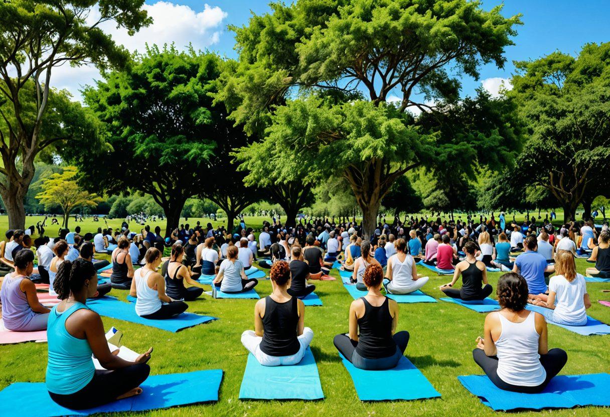An inspiring community gathering in a lush green park, where diverse individuals of different ages and backgrounds engage in discussions, with laptops and notebooks in hand, showcasing their blogging journey. Include elements of health like yoga mats, fresh fruits, and water bottles. The backdrop features a bright blue sky and colorful banners promoting wellness and community values. super-realistic. vibrant colors. 3D.